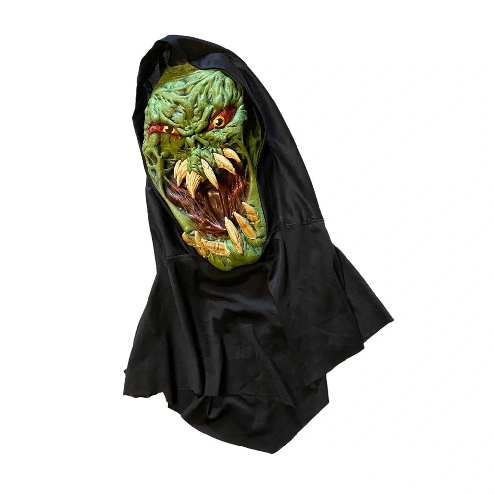 PAPER MAGIC Vintage Monster Mask 2002 Scary Green Teeth Halloween Costume Hood